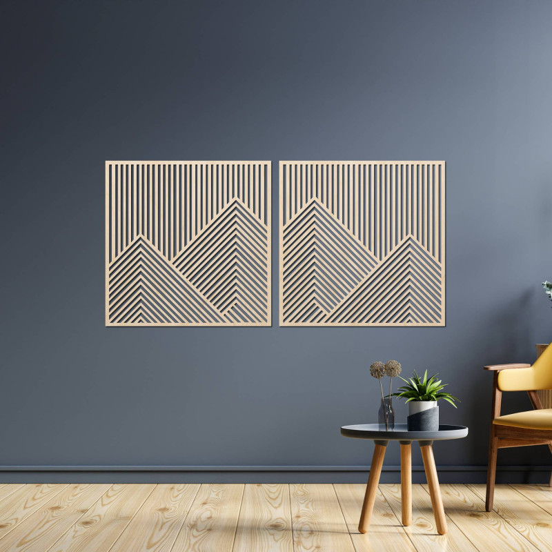 Modernes Bergmotiv aus Holz mit Lattenmuster für den Innenbereich