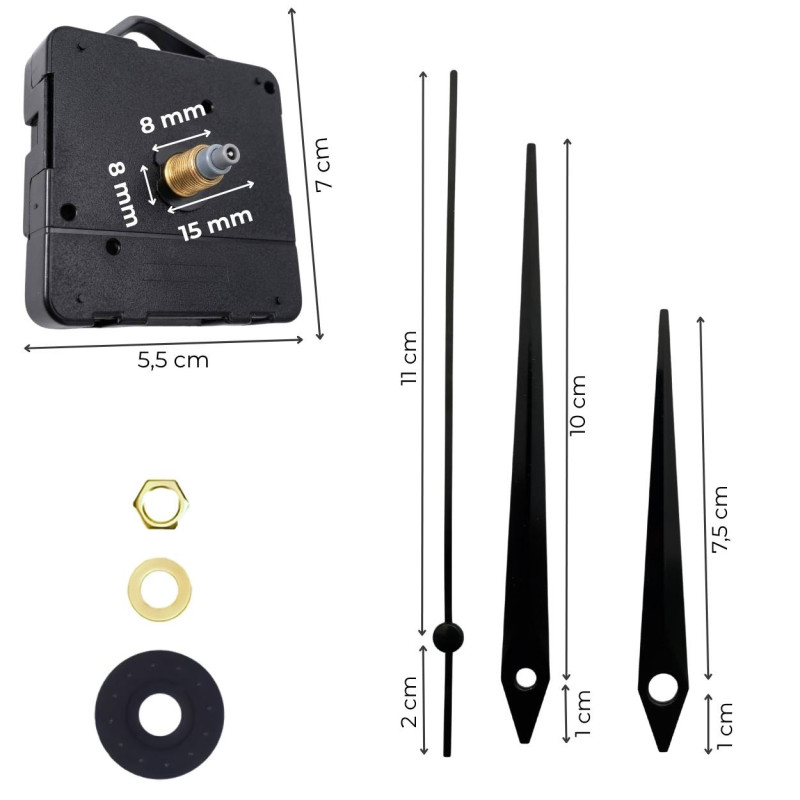 Schwarze Zeiger aus leichtem und robustem Aluminium für lange Lebensdauer.
