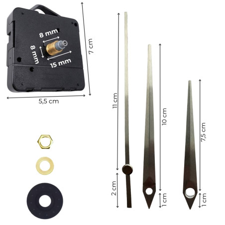 Minimalistische, spitz zulaufende Zeiger aus silbernem Aluminium für moderne Innenuhren.