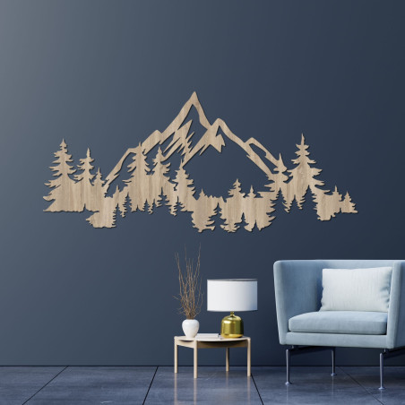 Minimalistisches 3D-Bild von Bergen und Wald aus schwarzer HDF-Platte über dem Sofa
