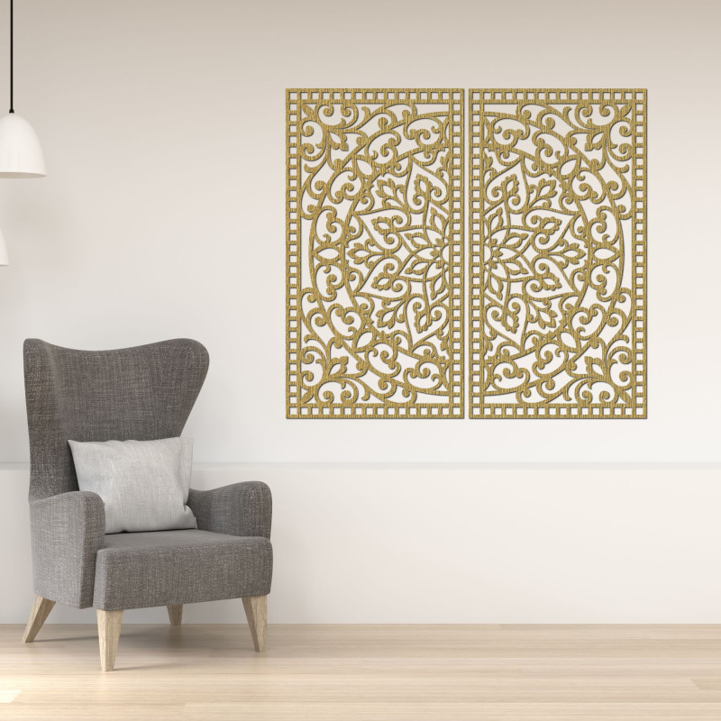 Hölzernes 3D-Mandala an der Wand – Geschnitztes Diptychon im Boho-Stil