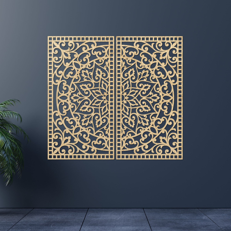 Hölzernes 3D-Mandala an der Wand – Geschnitztes Diptychon im Boho-Stil