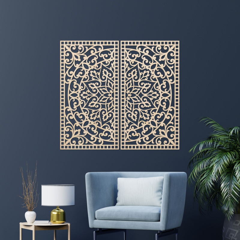 Hölzernes 3D-Mandala an der Wand – Geschnitztes Diptychon im Boho-Stil
