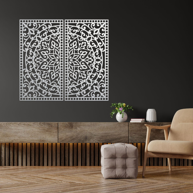 Hölzernes 3D-Mandala an der Wand – Geschnitztes Diptychon im Boho-Stil