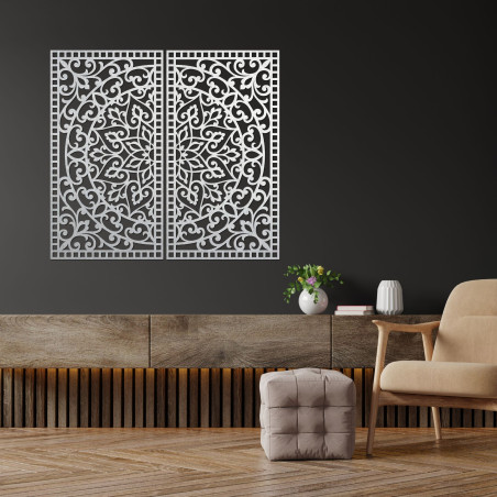 Hölzernes 3D-Mandala an der Wand – Geschnitztes Diptychon im Boho-Stil