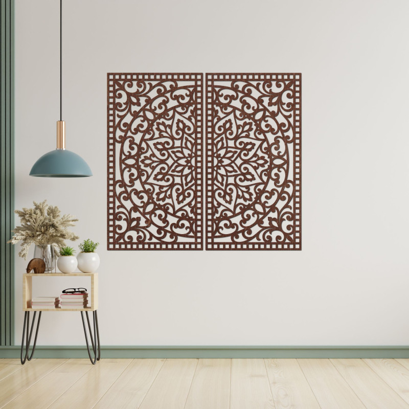 Hölzernes 3D-Mandala an der Wand – Geschnitztes Diptychon im Boho-Stil
