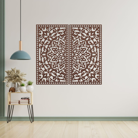 Hölzernes 3D-Mandala an der Wand – Geschnitztes Diptychon im Boho-Stil