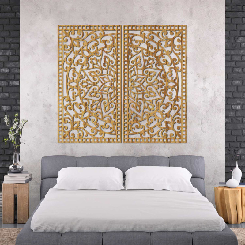 Luxuriöses 3D-Diptychon mit geschnitztem Mandala-Muster über einer Designerkommode in der Wohnung