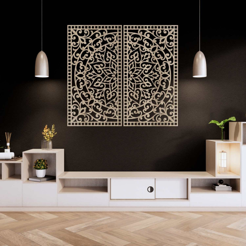 Luxuriöses 3D-Diptychon mit geschnitztem Mandala-Muster über einer Designerkommode in der Wohnung
