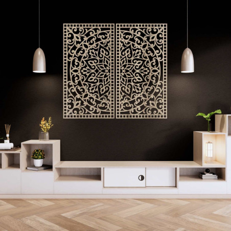 Luxuriöses 3D-Diptychon mit geschnitztem Mandala-Muster über einer Designerkommode in der Wohnung