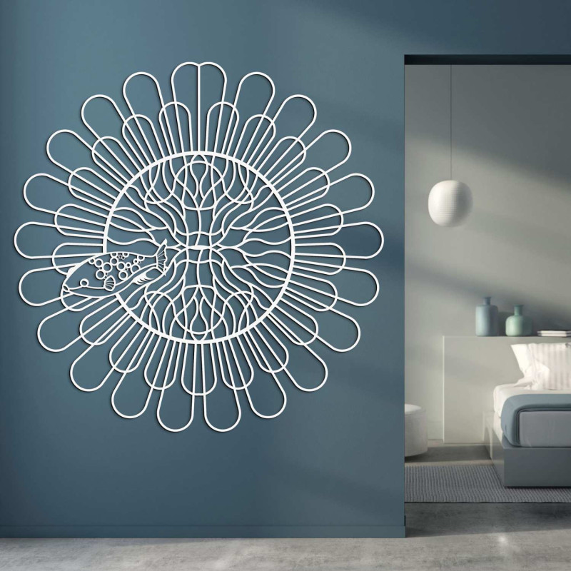 Detaillierte, lasergeschnittene Mandala mit Fischmotiv als moderne 3D-Dekoration