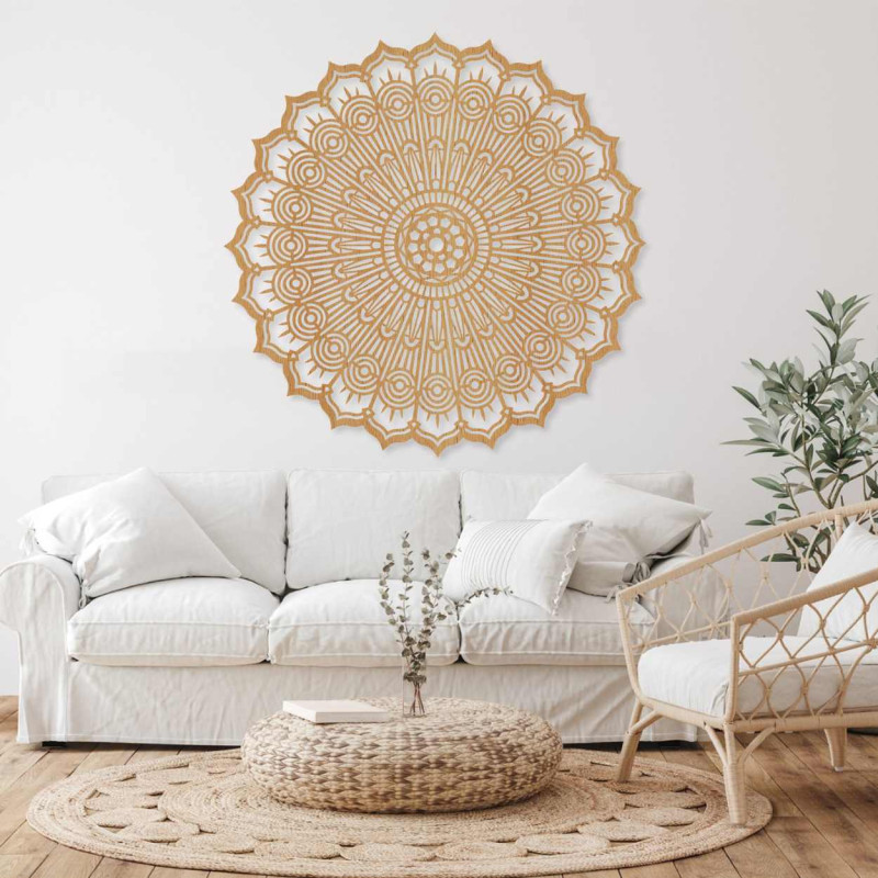 Luxuriöses, lasergeschnittenes 3D-Mandala aus Holz. Modernes Wandornament im Boho-Stil für den Innenbereich.