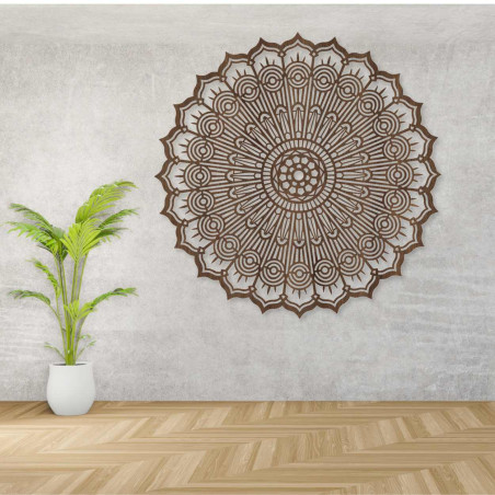 Luxuriöses, lasergeschnittenes 3D-Mandala aus Holz. Modernes Wandornament im Boho-Stil für den Innenbereich.