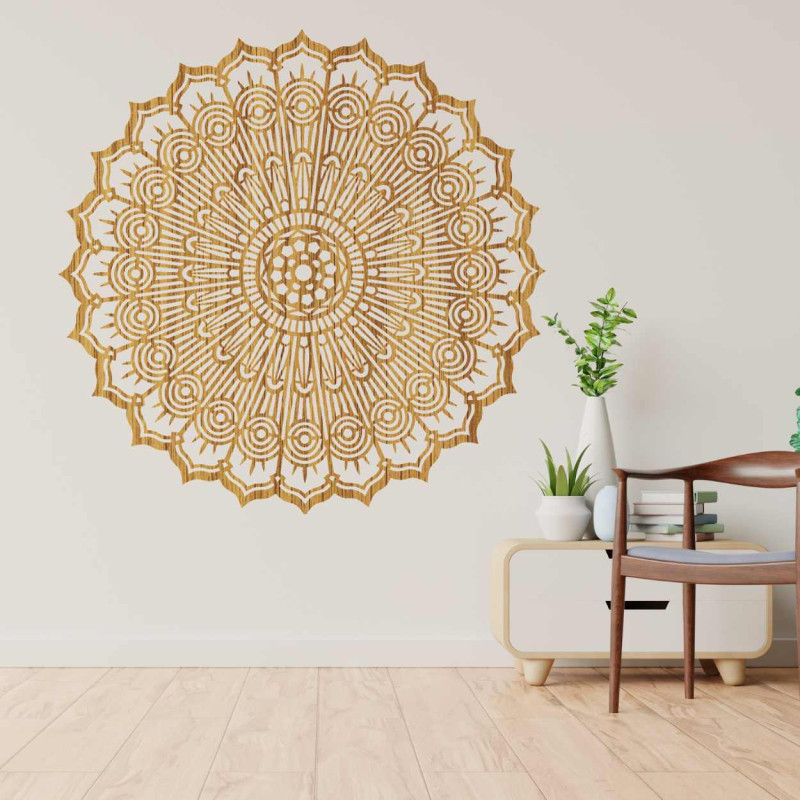 Luxuriöses, lasergeschnittenes 3D-Mandala aus Holz. Modernes Wandornament im Boho-Stil für den Innenbereich.