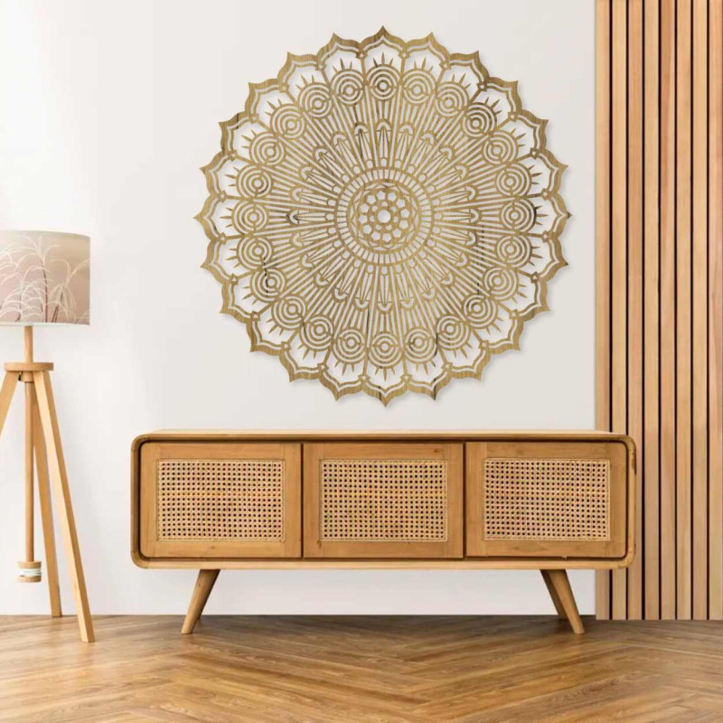 Luxuriöses, lasergeschnittenes 3D-Mandala aus Holz. Modernes Wandornament im Boho-Stil für den Innenbereich.