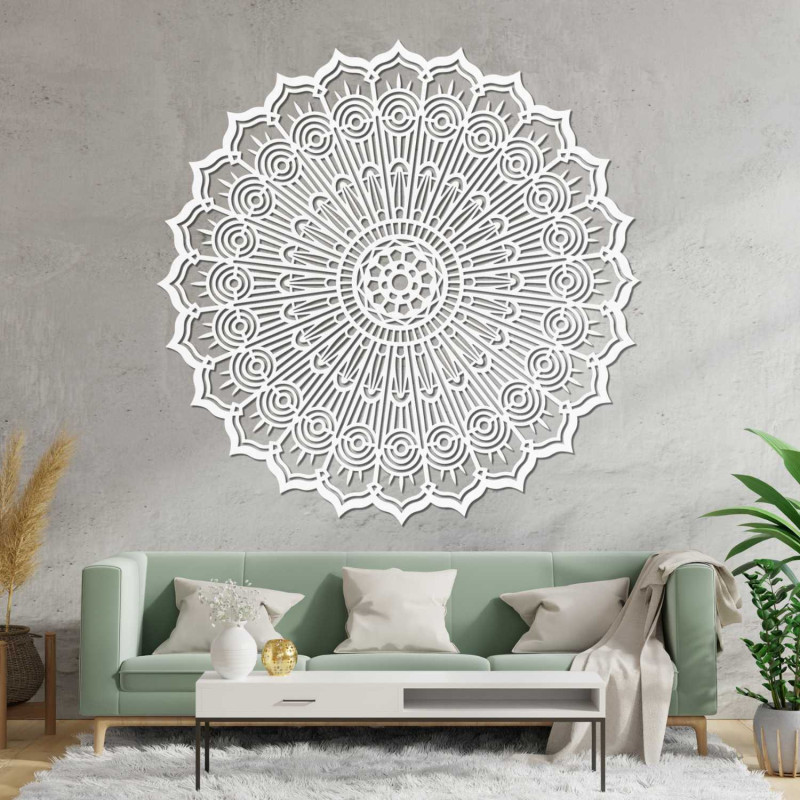 Modernes 3D-Mandala aus Holz mit präzisem Ausschnitt für die Wand. Stilvolle Dekoration für ein gemütliches und optisch harmonis