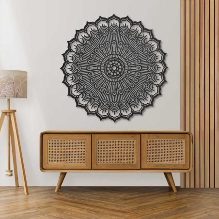 Modernes 3D-Mandala aus Holz mit präzisem Ausschnitt für die Wand. Stilvolle Dekoration für ein gemütliches und optisch harmonis