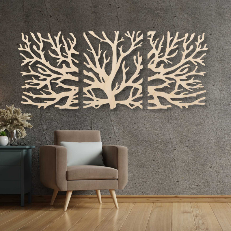 Dreiteilige Baum-Wanddekoration – eine Kombination aus modernem und natürlichem Design.