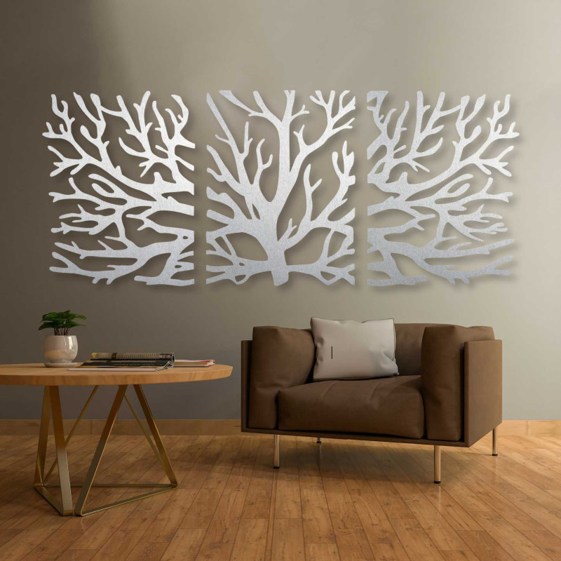 Dreiteilige Baum-Wanddekoration – eine Kombination aus modernem und natürlichem Design.