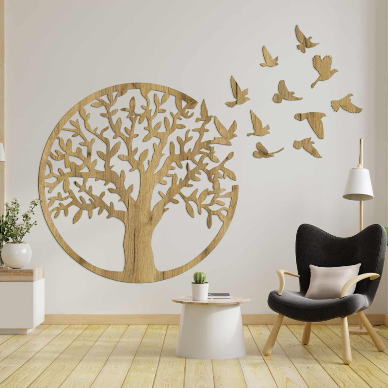 Schwarzer Lebensbaum aus Holz mit fliegenden Vögeln als 3D-Dekoration im Wohnzimmer