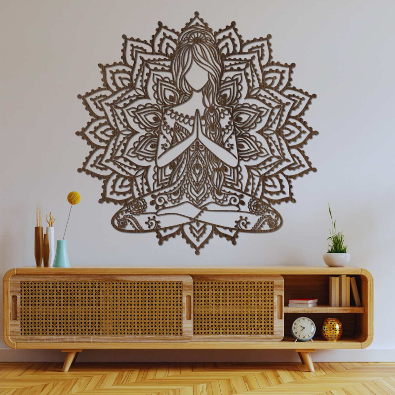 3D-Yoga-Mandala-Gemälde aus Holz – stilvolle Wanddekoration für das Wohnzimmer.