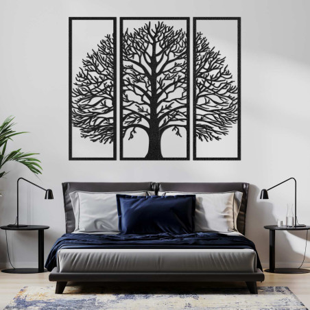Wandtriptychon „Baum des Lebens“, aus schwarzer HDF-Platte geschnitzt, mit detaillierter Verzweigung.