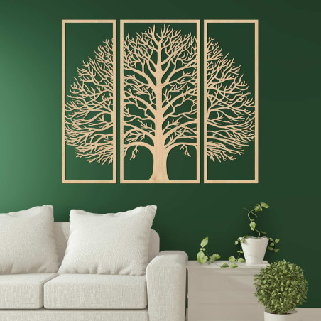 Wandtriptychon „Baum des Lebens“, aus schwarzer HDF-Platte geschnitzt, mit detaillierter Verzweigung.