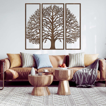 Wandtriptychon „Baum des Lebens“, aus schwarzer HDF-Platte geschnitzt, mit detaillierter Verzweigung.