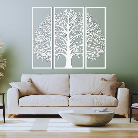 Dreiteiliges Holzbild „Baum des Lebens“ in Schwarz mit präzisen 3D-Ausschnitten.