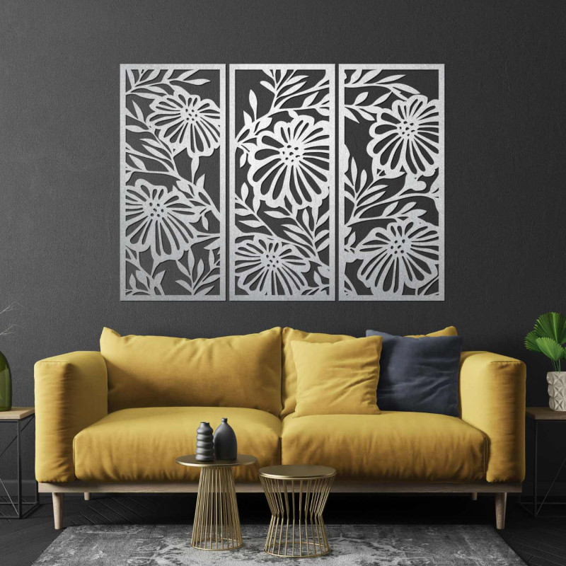 Dreiteiliges Holzbild mit Blumenmotiv – moderne Wanddekoration für das Wohnzimmer mit natürlichem Motiv.