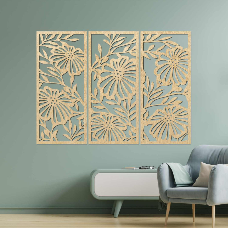 Dreiteiliges Holzblumenbild – elegante Wanddekoration für ein modernes Interieur.