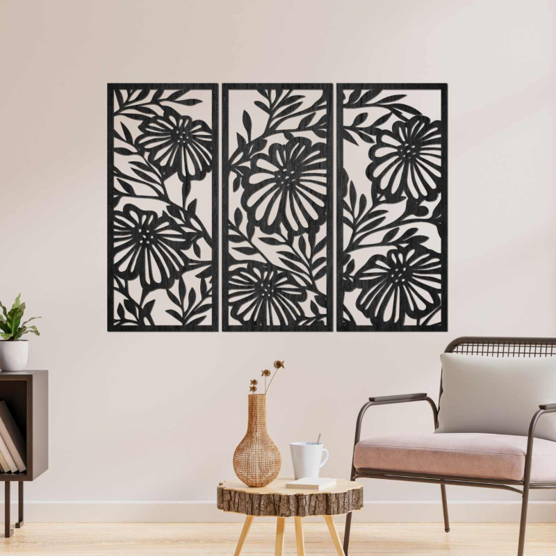 Dreiteiliges Holzblumenbild – elegante Wanddekoration für ein modernes Interieur.