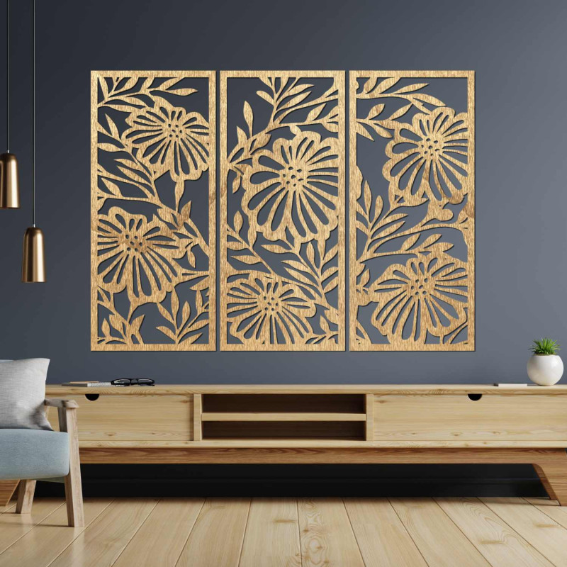 Dreiteiliges Holzblumenbild – elegante Wanddekoration für ein modernes Interieur.