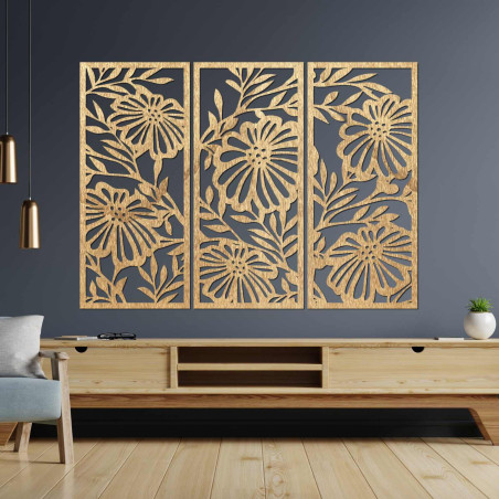 Dreiteiliges Holzblumenbild – elegante Wanddekoration für ein modernes Interieur.