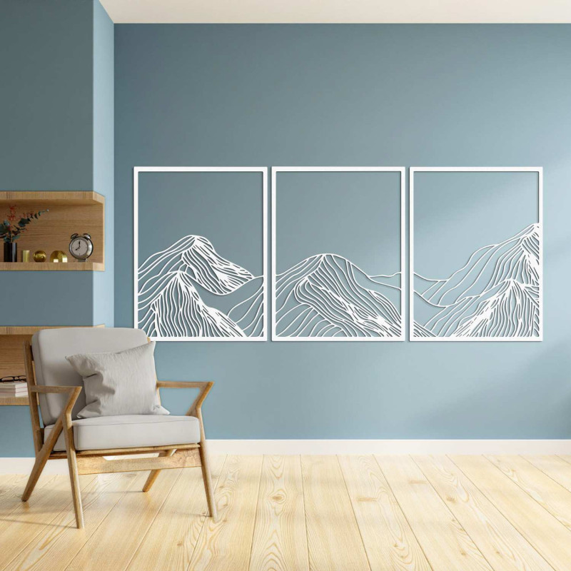 Dreiteiliges Gemälde eines Holzbergs – minimalistische Inneneinrichtung