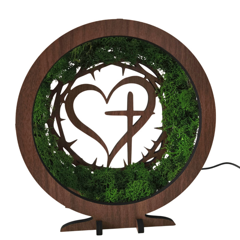 Suchen Sie ein einzigartiges Geschenk? Eine LED-Lampe mit Moos und einem christlichen Symbol ist die perfekte Wahl.