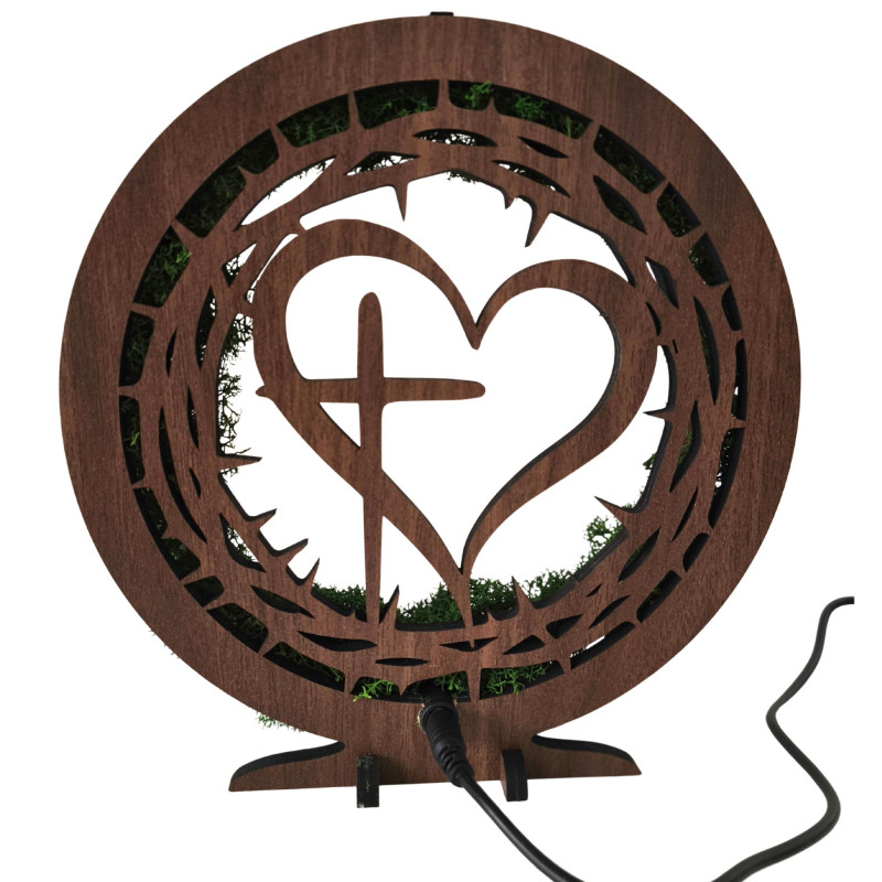 Suchen Sie ein einzigartiges Geschenk? Eine LED-Lampe mit Moos und einem christlichen Symbol ist die perfekte Wahl.