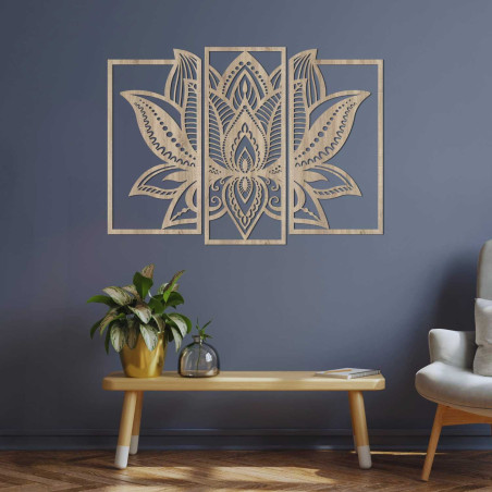 Dreiteiliges Lotusbild – Designer-Wanddekoration aus Holz