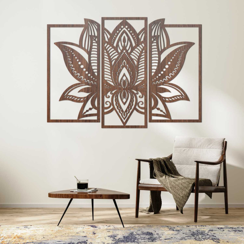Dreiteiliges Lotusbild – Designer-Wanddekoration aus Holz