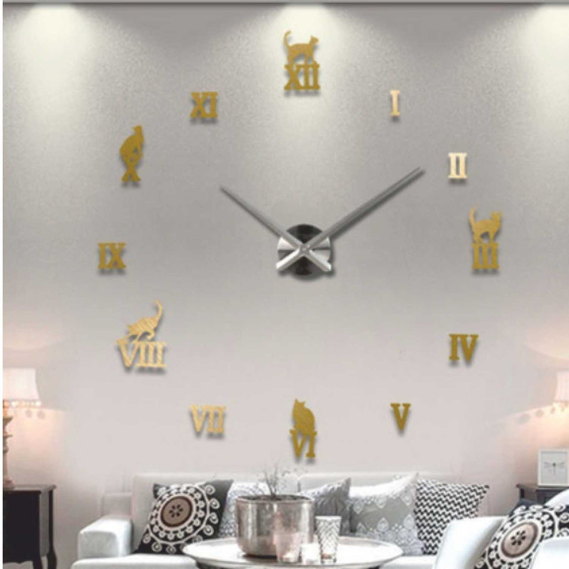 Selbstklebende römische Uhr mit Katzenmotiv in Silber und Gold.
