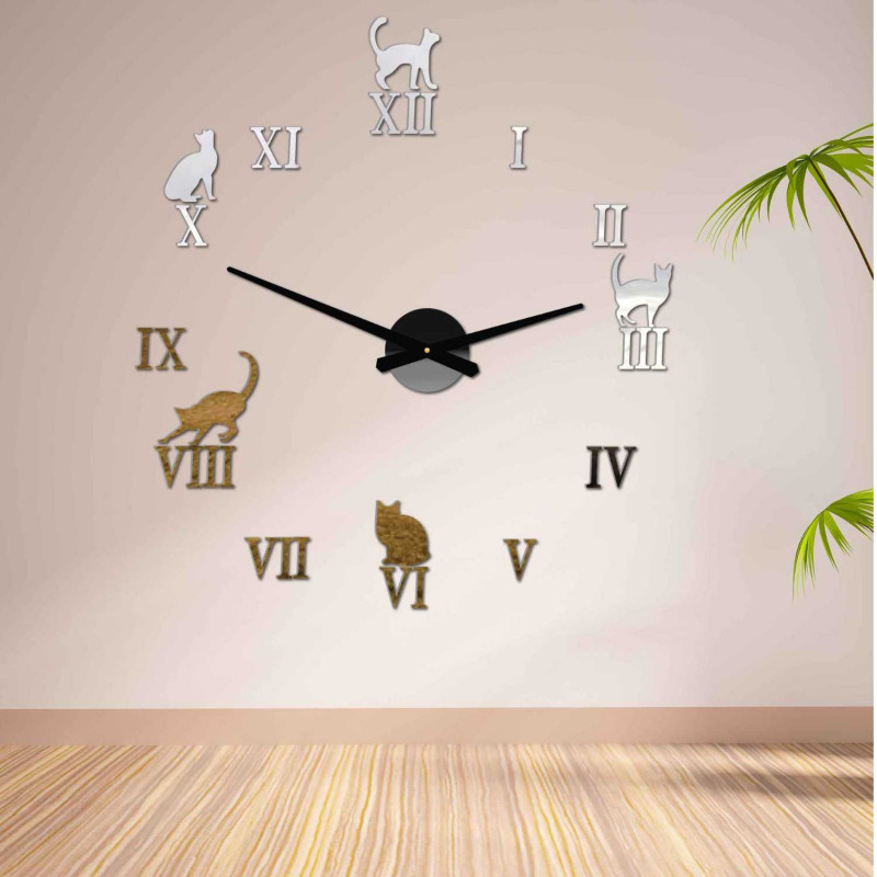 Selbstklebende römische Uhr mit Katzenmotiv in Silber und Gold.