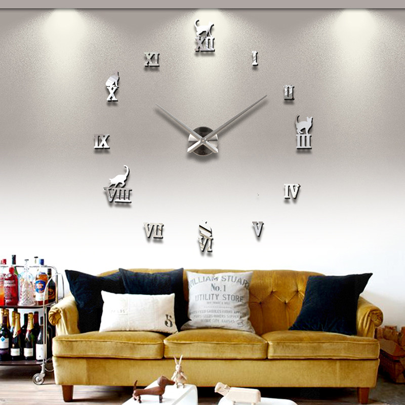 Moderne 3D-Wanduhr für Katzenliebhaber mit römischen Ziffern.