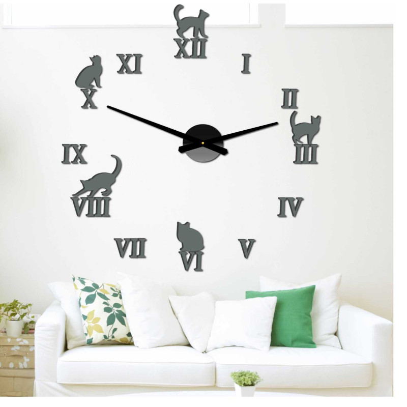 Moderne 3D-Wanduhr für Katzenliebhaber mit römischen Ziffern.