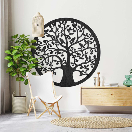 Modernes, geschnitztes Holzbild mit dem Motiv des Lebensbaums für das Wohnzimmer.