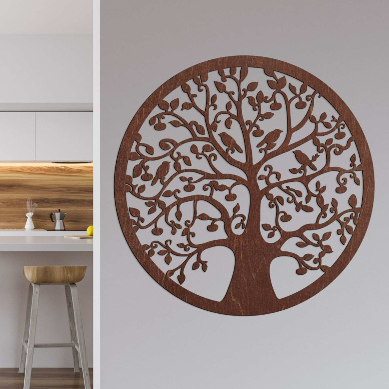 Modernes, geschnitztes Holzbild mit dem Motiv des Lebensbaums für das Wohnzimmer.