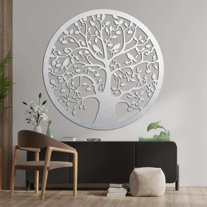 Luxuriöser, dreidimensionaler Lebensbaum aus Holz mit Vögeln in einem modernen Interieur.