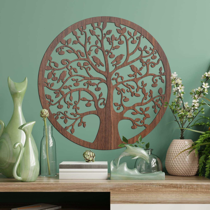 3D-Holzausschnitt eines Baumes mit Vögeln - elegantes Interieur-Gemälde, Bronze-Eiche.