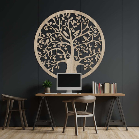 3D-Holzausschnitt eines Baumes mit Vögeln - elegantes Interieur-Gemälde, Bronze-Eiche.