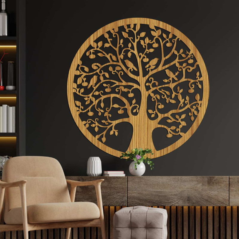 3D-Holzausschnitt eines Baumes mit Vögeln - elegantes Interieur-Gemälde, Bronze-Eiche.