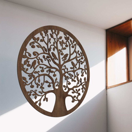 3D-Holzausschnitt eines Baumes mit Vögeln - elegantes Interieur-Gemälde, Bronze-Eiche.